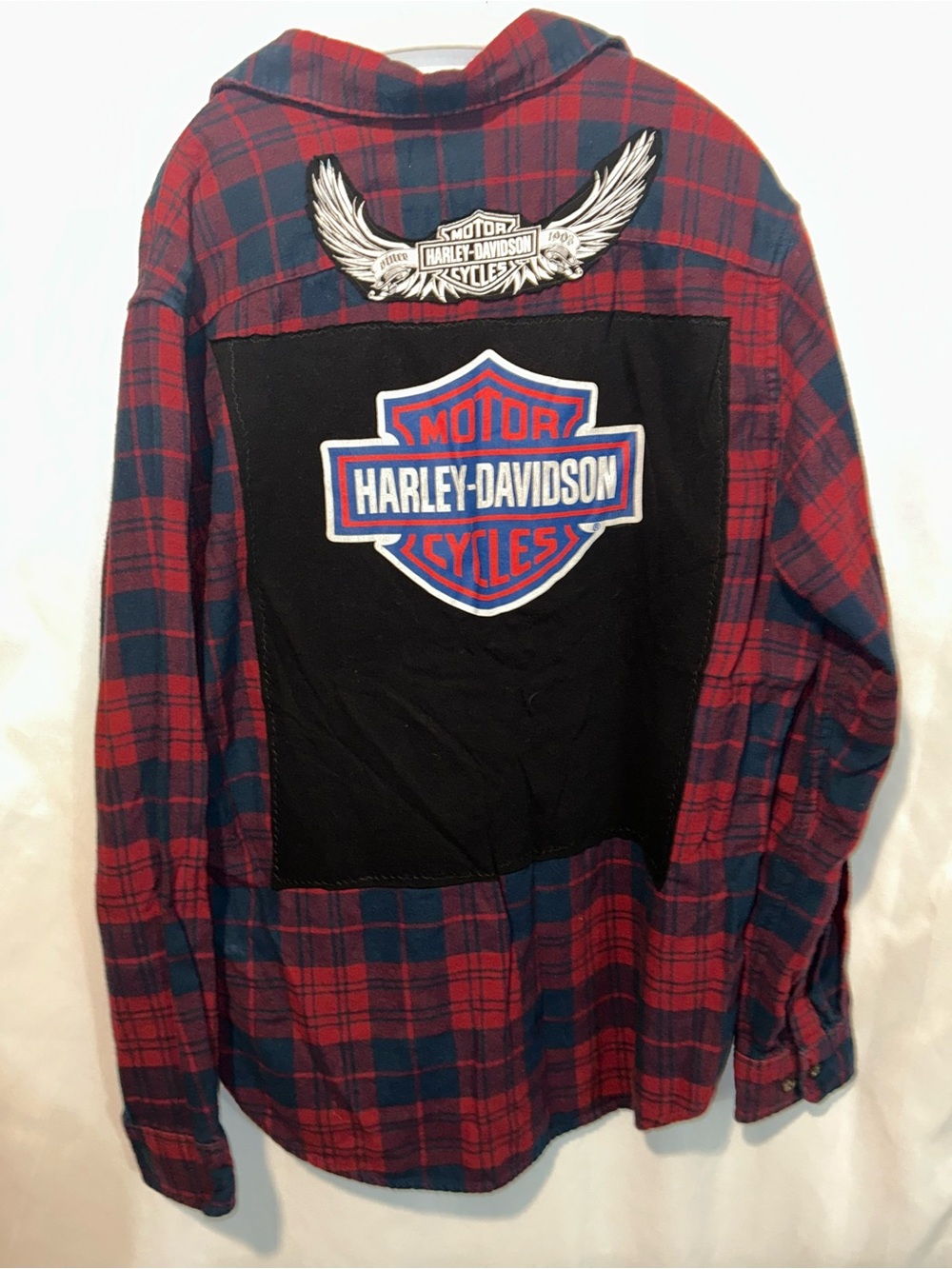 Upcycled Harley-Davidson Red & Navy Plaid Button-Down Shirt with Back Patch